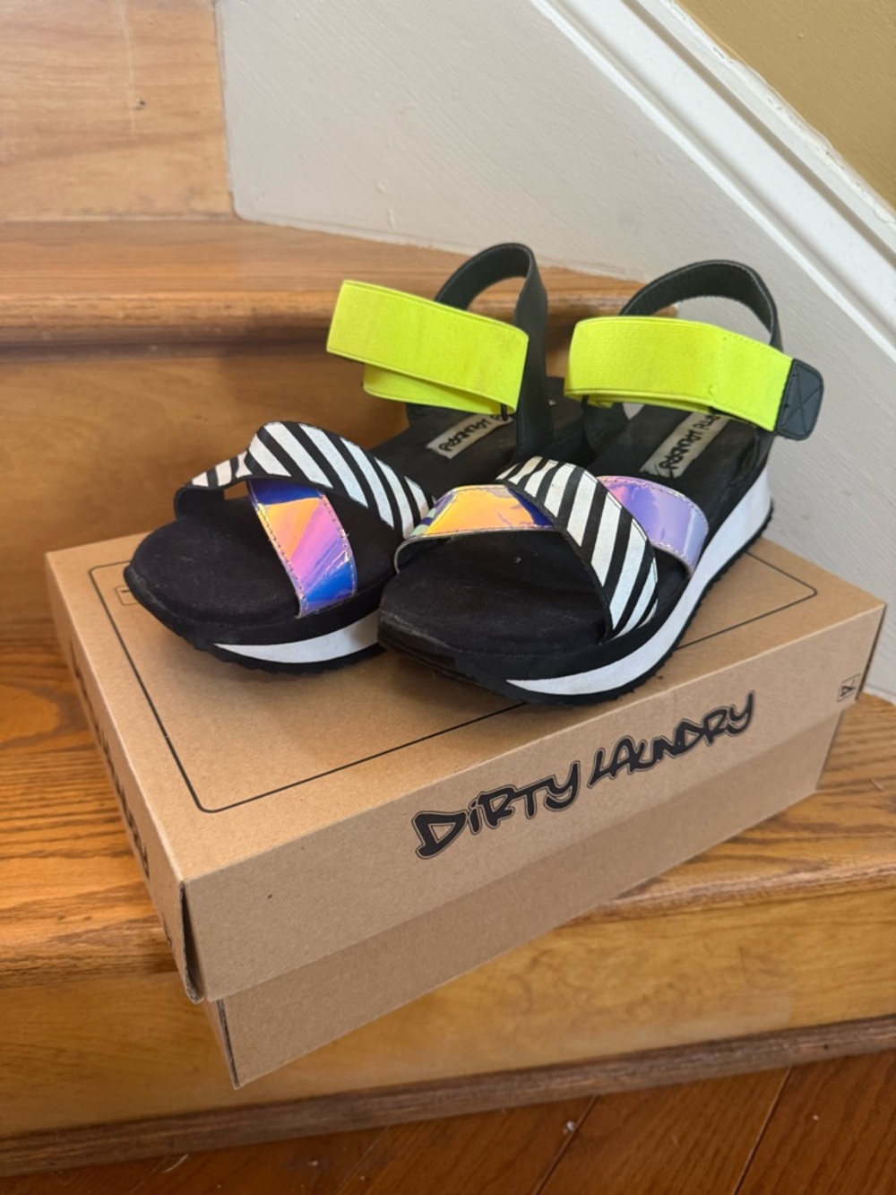 Dirty Laundry Neon Yellow, Black & White Striped Iridescent Wedge Sandals - Picture 2 of 6